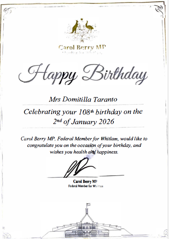 Carol Berry MP member for Whitlam passed on her best wishes. Supplied.
