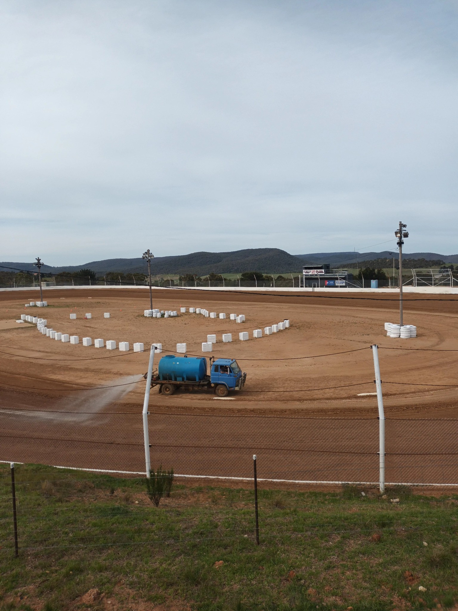 The truck wetting the Goulburn Speedway track in readiness for this weekend’s events. (Photo: Facebook)