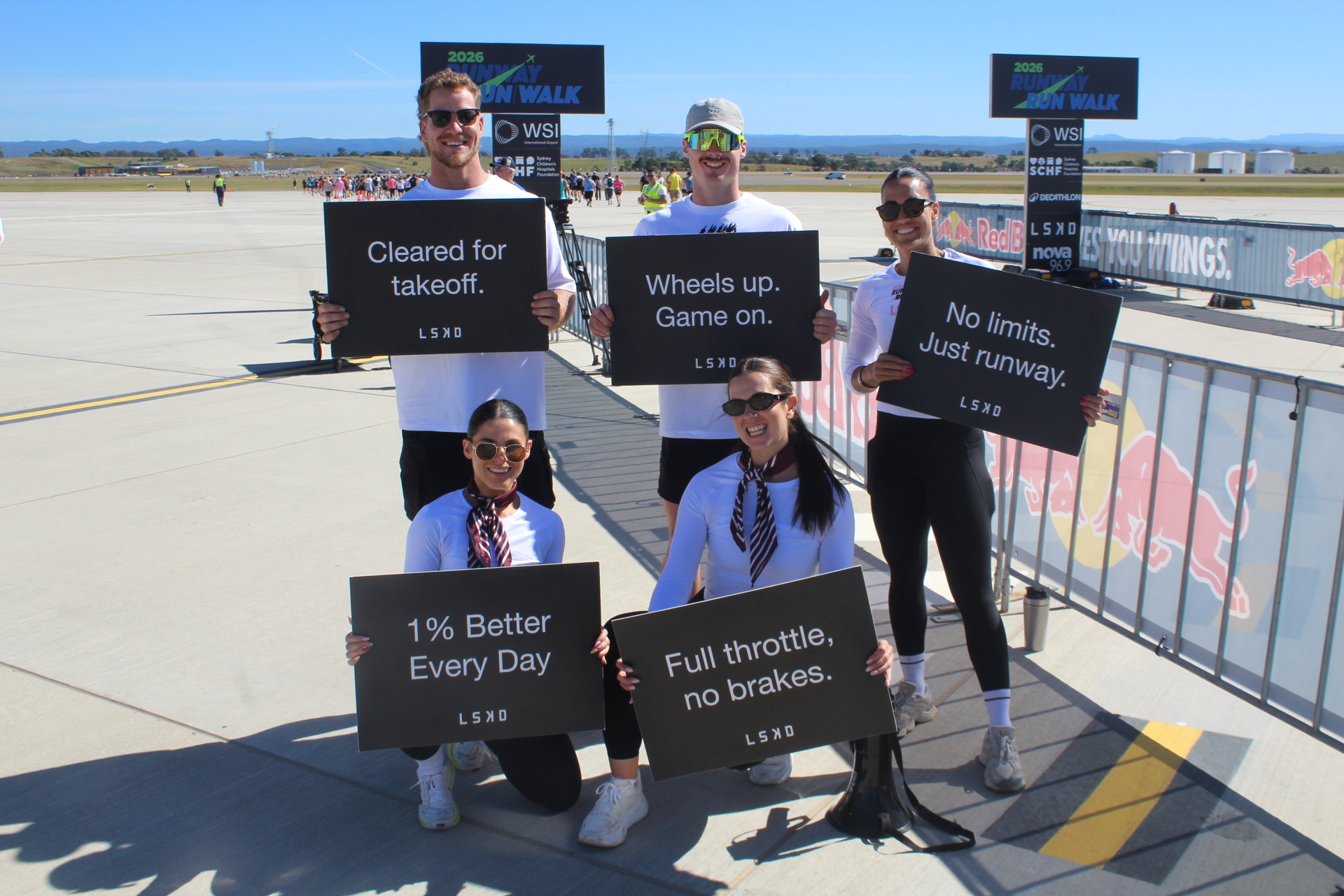 Kyle Edwards (back left), Lewis Waters, Bree Pereira, Hana Climpson and Hannah Ivanova (front) from the LSKD Penrith team cheered on the starters.