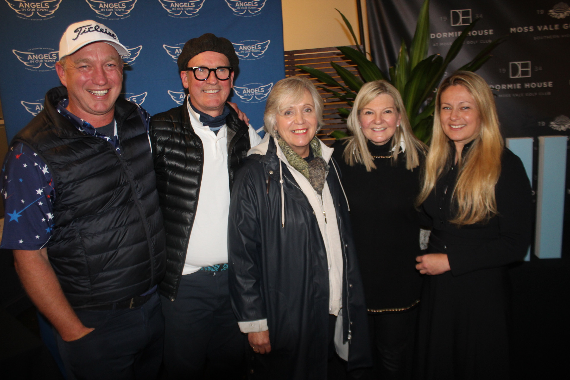 Angels Cup organisers Chris Ahern (left), Angels in Our Town charity co-founder, Rob Sampson; board member Shelley Boyce, Angels founder Antoinette Sampson, and golf day sponsor Corinna Nesci, Agency Principal of Highland Southern Highlands. (Photo: Antony Dubber)