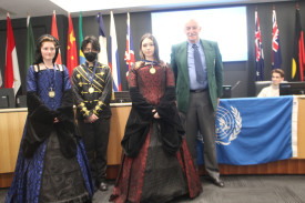 The St Paul’s International College students won the prize for ‘Best Costume’ in their Napoleonic uniform for the France team alongside Rotary’s Robert deJongh.