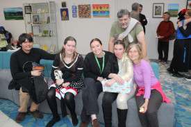 Leo & Heidi Bolliger (left) with support worker Tess Moore, Courtney Burgess-Martin and Karen Bolliger (front) with Phillip Bolliger (rear).