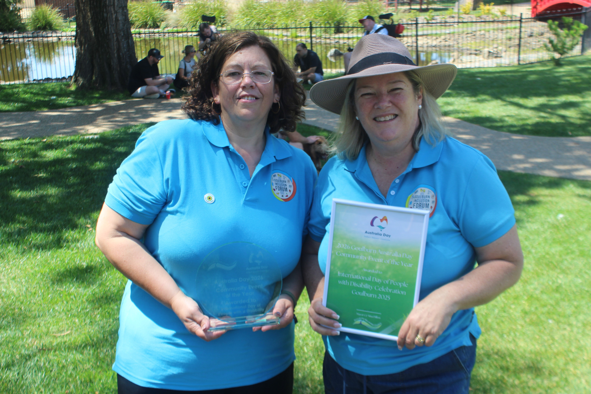 Lauren Venables (left) and Fiona Young from the Goulburn Inclusion Forum with their award for Community Event of the Year. (Photo: Antony Dubber)
