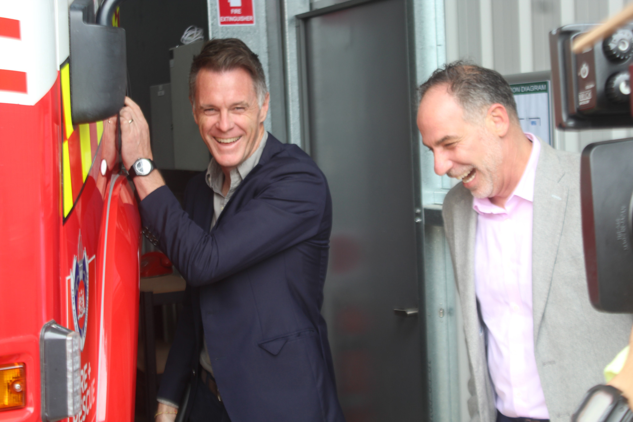 Premier Chris Minns shares a laugh with NSW Emergency Services Minister, Jihad Dib. (Photo: Antony Dubber)