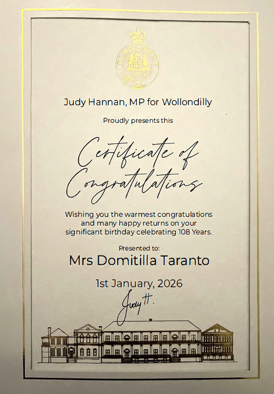 Judy Hannan, member for Wollondilly congratulated Domitilla. Supplied.