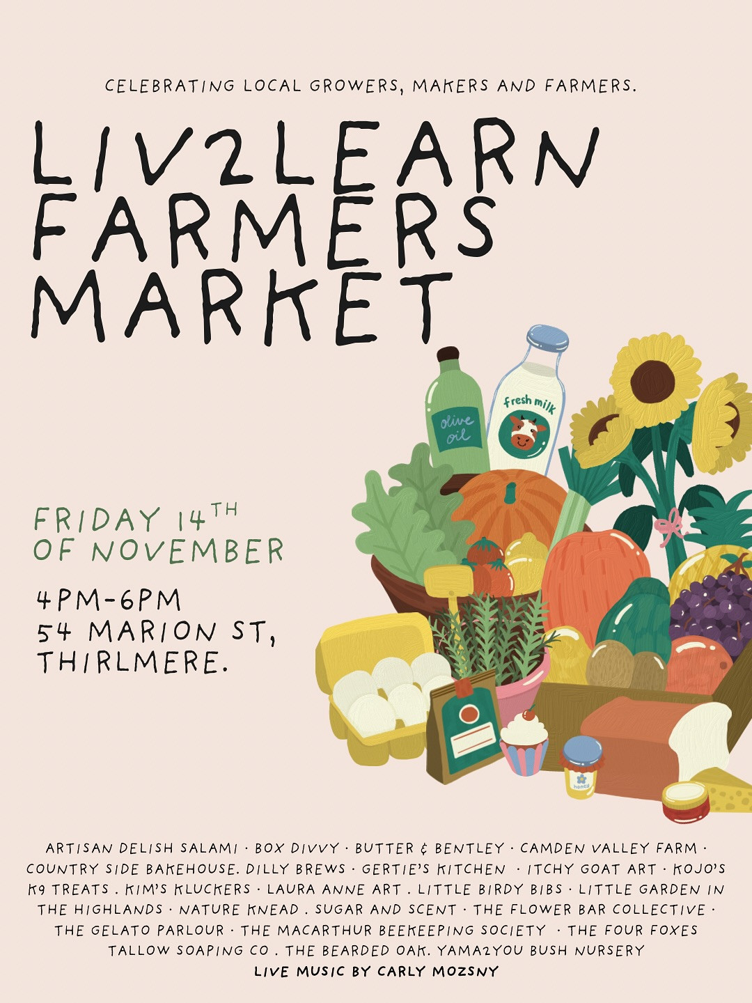 The Liv2Learn Farmers Markets are on this afternoon at their headquarters at 54 Marion St, Thirlmere. (Photo: Facebook)