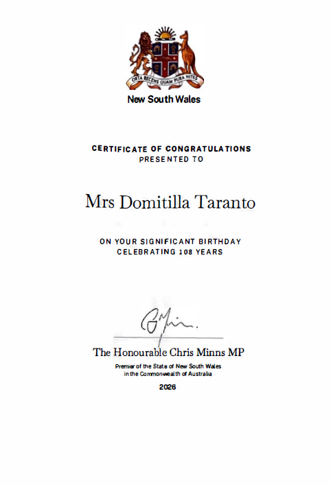 Premier Minns issued a certificate. Supplied.