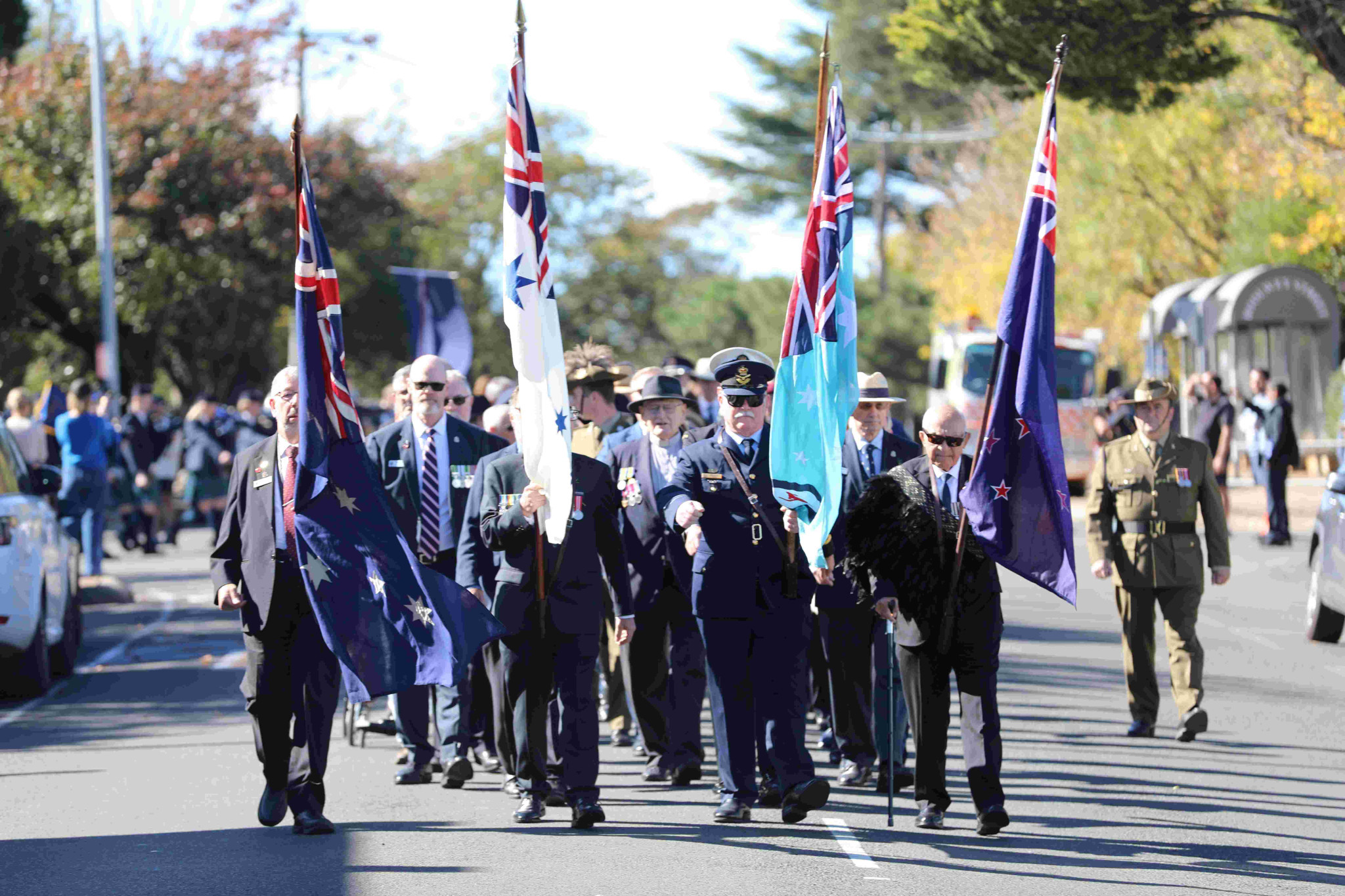 Bryan Lowe (far right) taking part in the Bowral ANZAC Day parade wearing his traditional Maori korowai &ndash; a cloak he only wears each year on April 25. Supplied.
