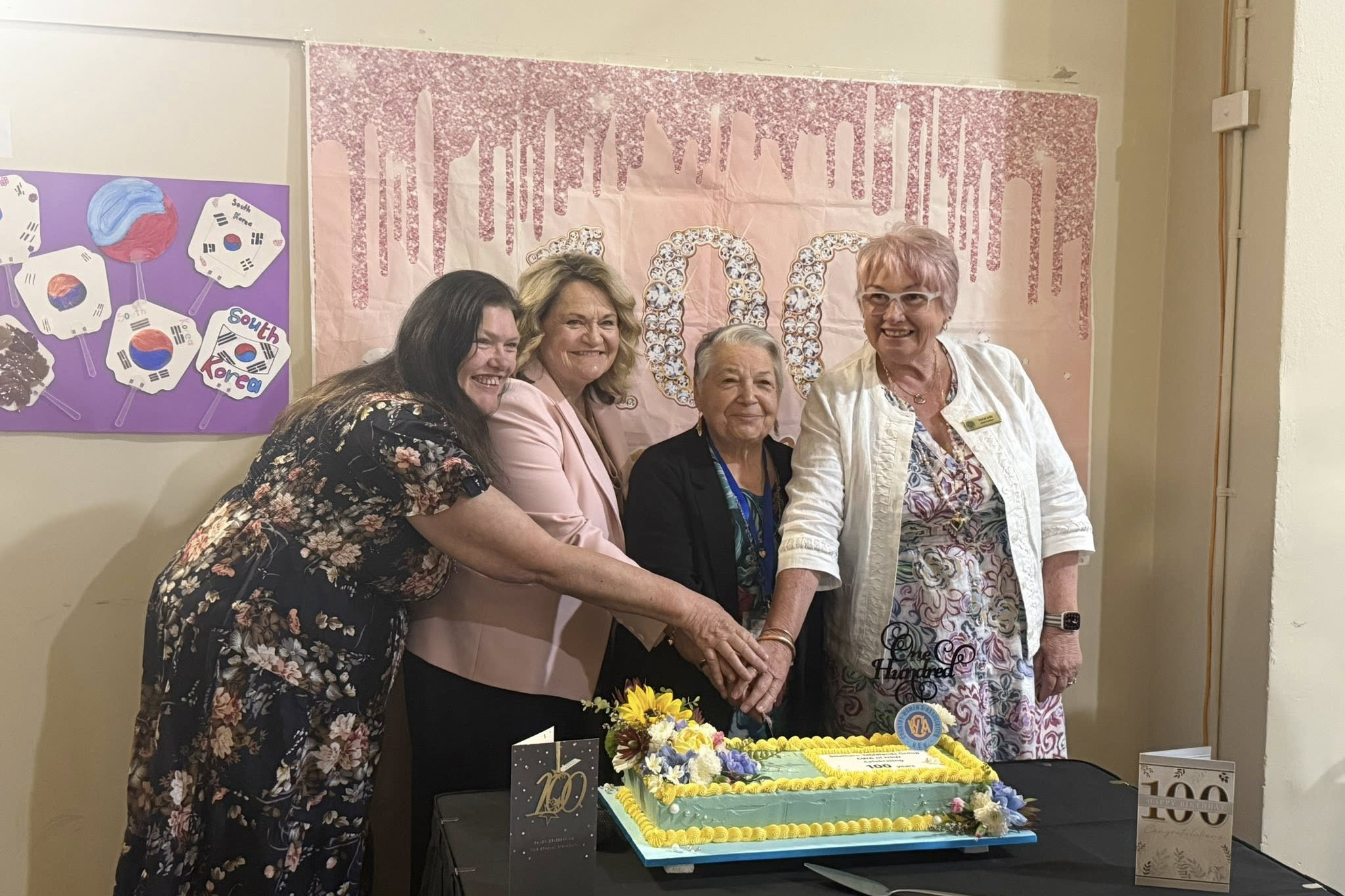 Goulburn Mulwaree Council Mayor Nina Dillon (left), Member for Goulburn, Wendy Tuckerman, CWA Southern Tablelands Group President Maria Porreca and State President Tanya Jolly (right) cut the 100th anniversary cake. (Photo: Facebook)