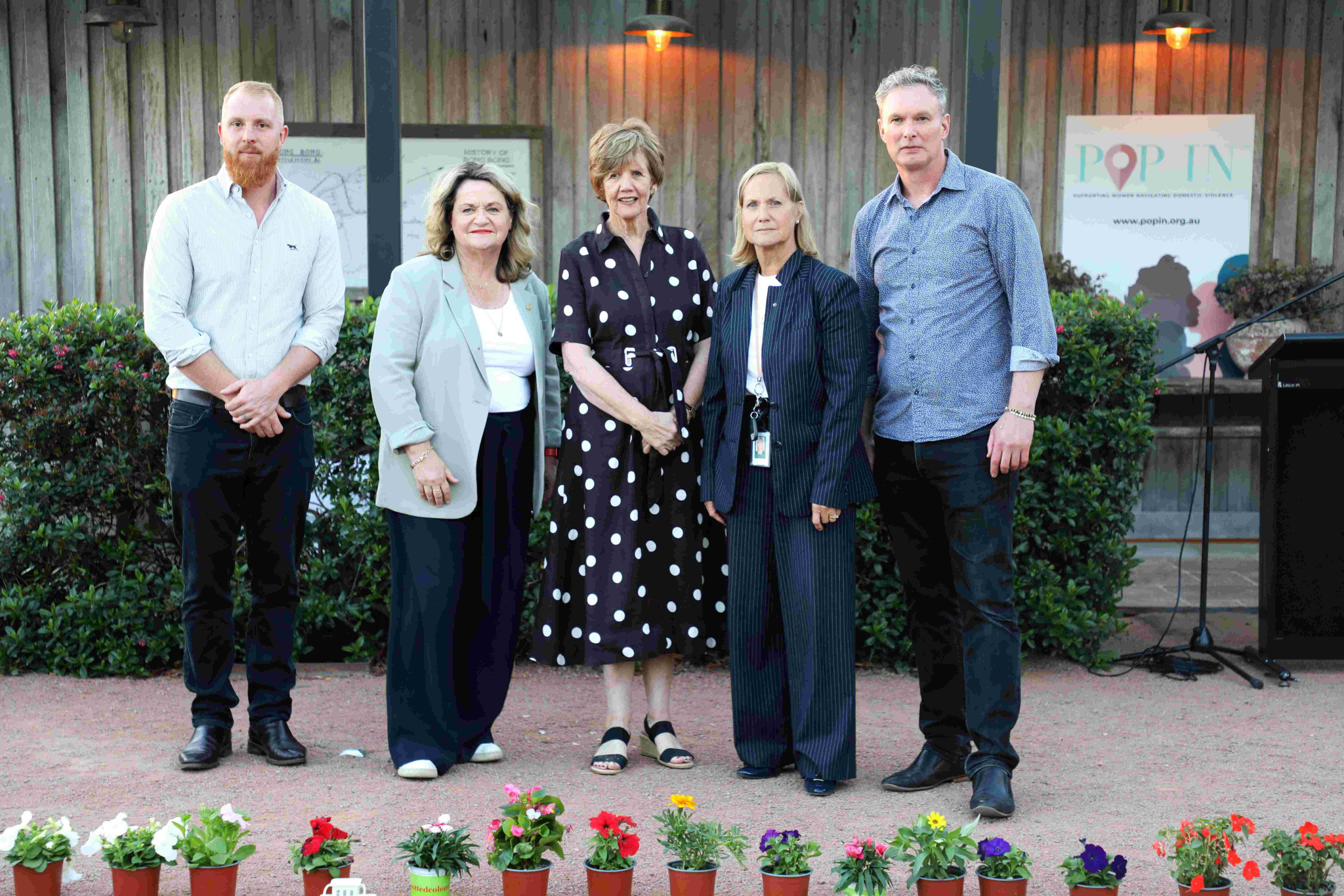 Wingecarribee Shire mayor Jesse Fitzpatrick, Member for Goulburn Wendy Tuckerman, Pop In chair Vicki Kelley, Member for Wollondilly Judy Hannan and Wingecarribee Shire councillor David Kent pictured at The Briars on Thursday night. Picture Stuart Carless. Mayor Fitzpatrick said he had 'no idea that domestic violence was prevalent'.