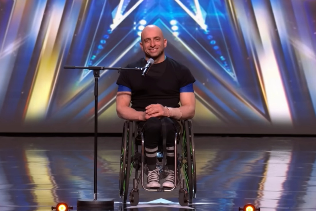 Campbelltown paralympian and disability advocate Paul Nunnari talks to the judging panel at Britain's Got Talent before his amazing aerial act. (Photo: You Tube)