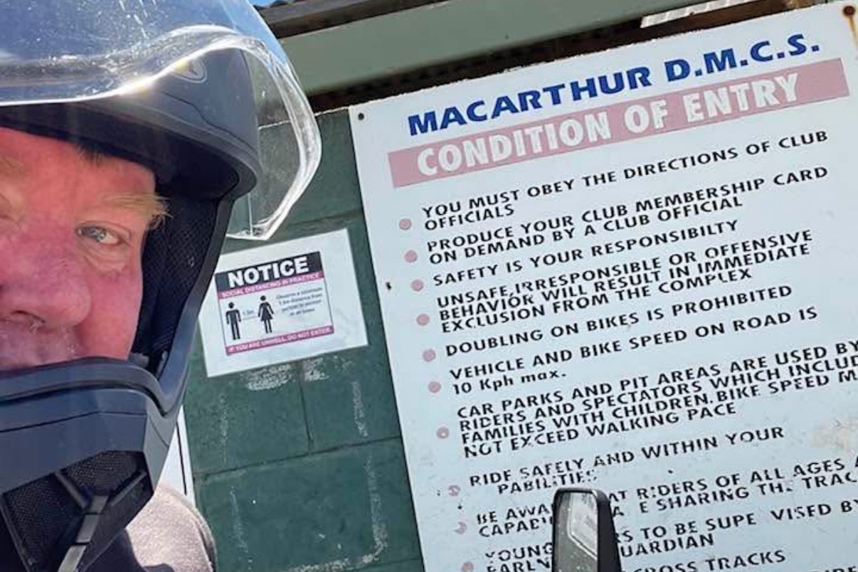 Cr Paul Rogers when he visited the facility on a much newer bike &ndash; a DR650 &ndash; in 2023. Supplied.