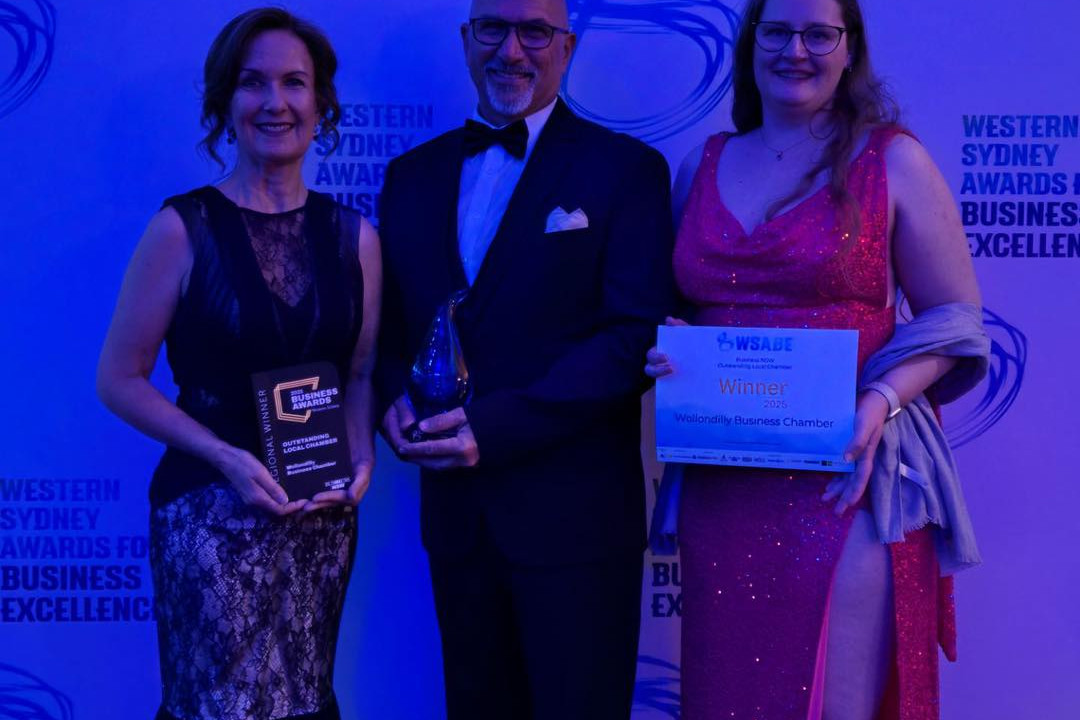 President of the Wollondilly Business Chamber, Pania Gregson (left), Treasurer Serge Crismale, and Vice President Clarissa Follan at the Western Sydney Awards for Business Excellence (WSABE) last Friday night. (Photo: supplied)