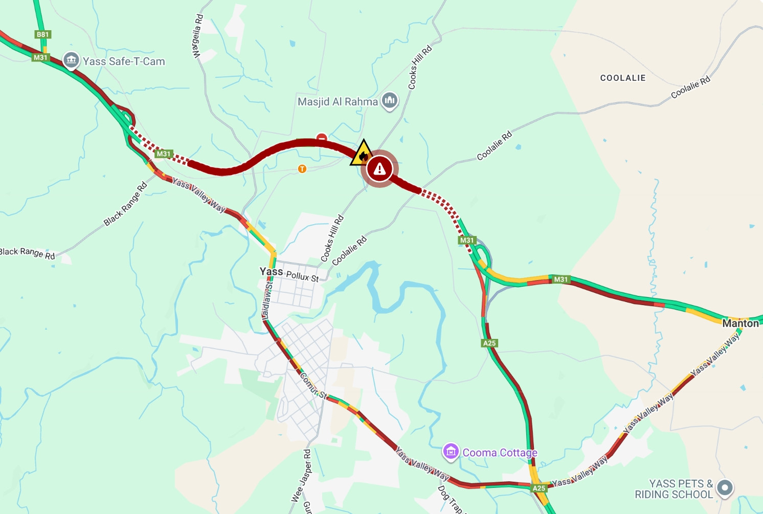 Traffic is diverted via Yass Valley Way and the Barton Highway. (Photo: Live Traffic NSW)